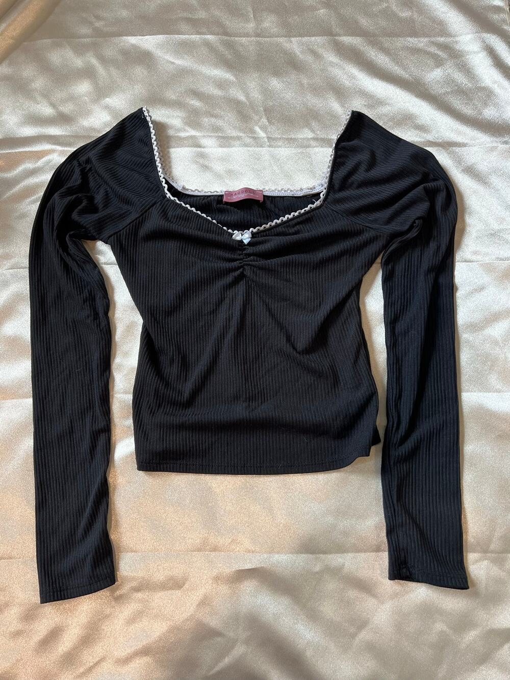Ragdoll Black Ribbed Bow Trim Y2K Balletcore Coquette Goth Long Sleeve